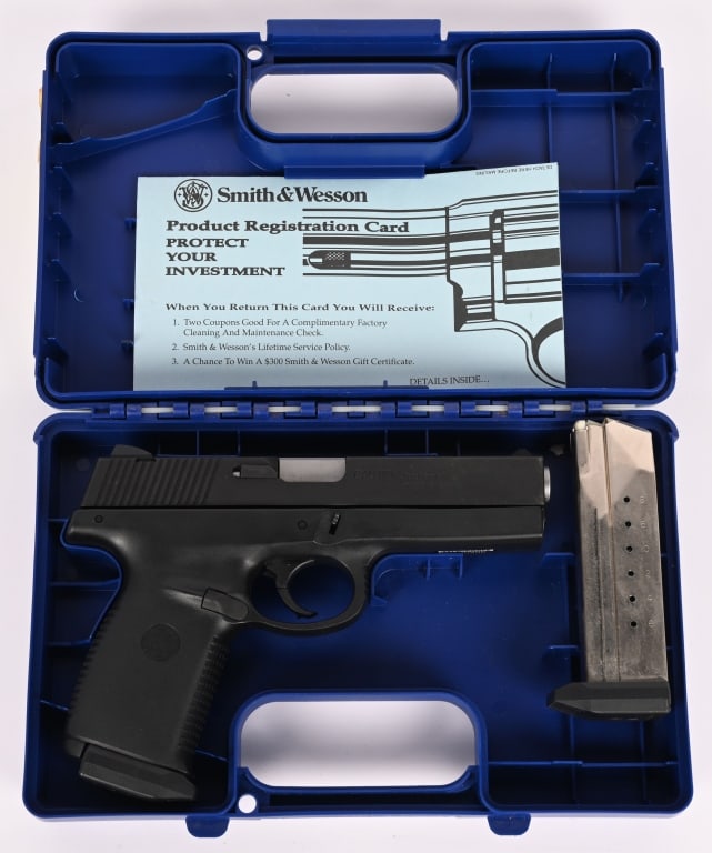 SMITH & WESSON MODEL SW9F SEMI-AUTOMATIC PISTOL: SERIAL NUMBER: PAE0496. BARREL: 4 1/2". CALIBER: 9MM LUGER. Model SW9F semi-automatic pistol mfg. by Smith & Wesson. Left side of barrel is marked with S&W's mfg. information, followed by the model