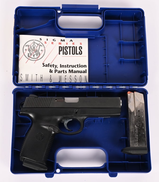 SMITH & WESSON MODEL SW9F SEMI-AUTOMATIC PISTOL: SERIAL NUMBER: PAA1112. BARREL: 4 1/2". CALIBER: 9MM LUGER. Model SW9F semi-automatic pistol mfg. by Smith & Wesson. Left side of barrel is marked with S&W's mfg. information, followed by the model de