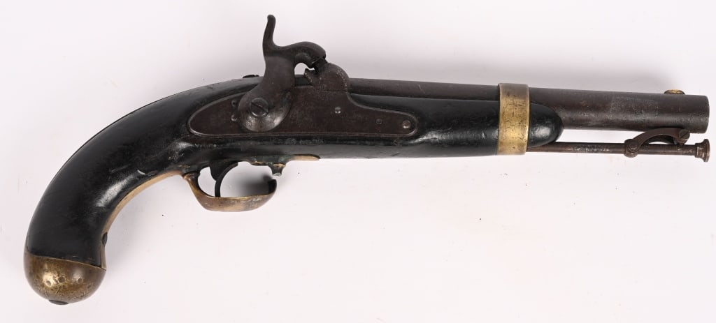 H. ASTON U.S. MODEL 1842 MARTIAL PISTOL: SERIAL NUMBER: N/A. BARREL: 8 1/2". CALIBER: .54. MFG: 1849. Lock marked "US H. ASTON and MIDDtn CONN 1849" Round iron barrel has faint markings, and a swivel ramrod. Brass butt cap and barrel band.