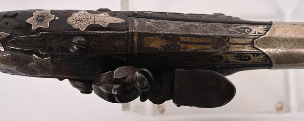 LARGE SILVER MOUNTED FLINTLOCK PISTOL - 12
