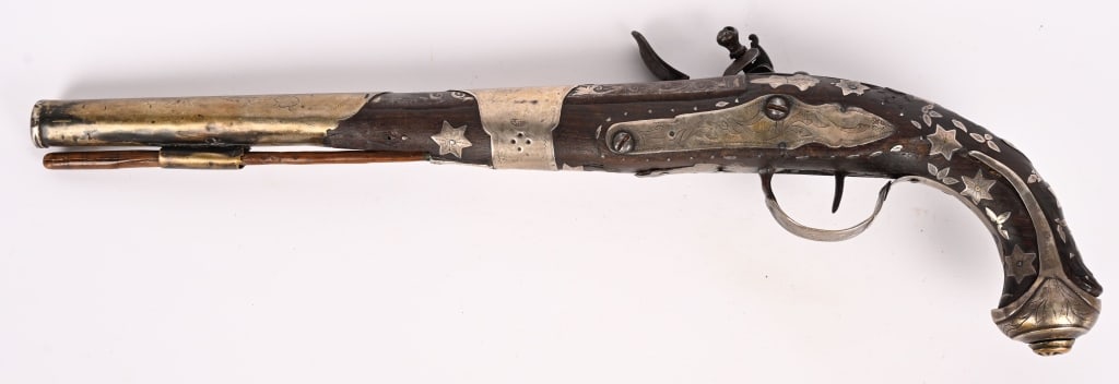 LARGE SILVER MOUNTED FLINTLOCK PISTOL - 6