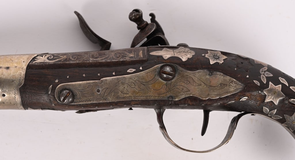 LARGE SILVER MOUNTED FLINTLOCK PISTOL - 7