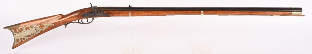 19TH CENTURY FULL STOCK PERCUSSION RIFLE: SERIAL NUMBER: N/A, BARREL: 34", CALIBER: about. 32 MFG: Mid 19th century. Features octagon barrel with V rear sight and blade front sight. English lock with no marking other than engraving. No