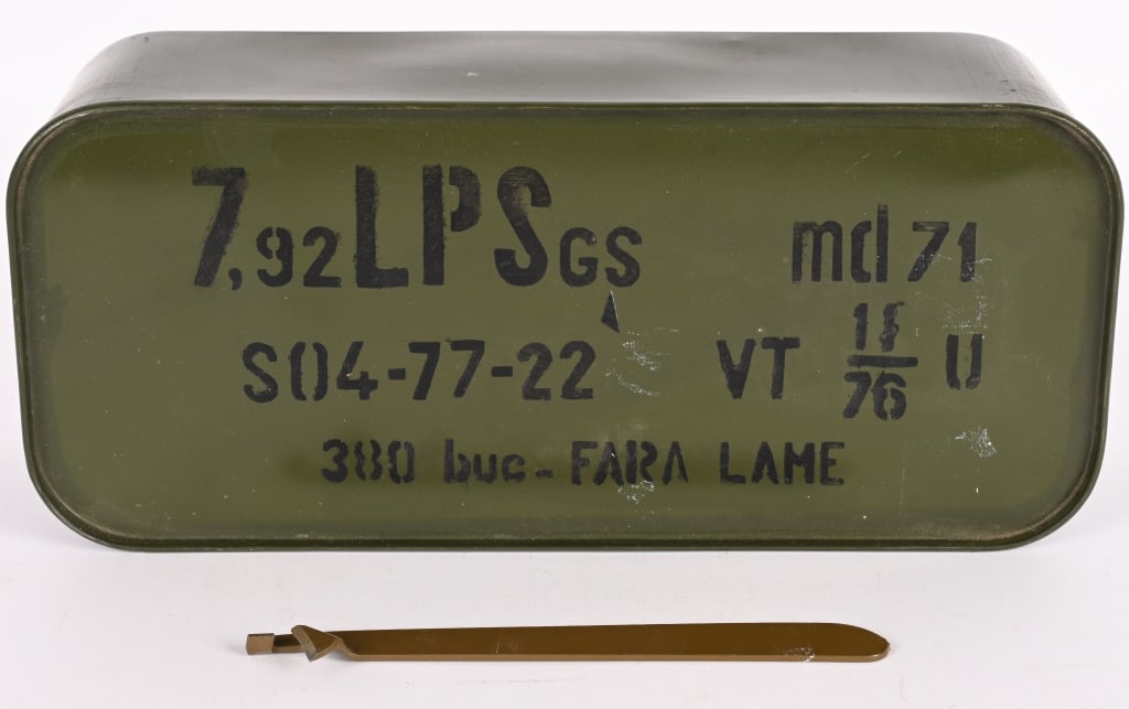 ROMANIAN 8MM MAUSER SPAM CAN: This is a spam can of 8mm (7.92x57) Mauser. Produced in Romania in 1977. The tin contains 380 rounds with no stripper clips. corrosive primed.