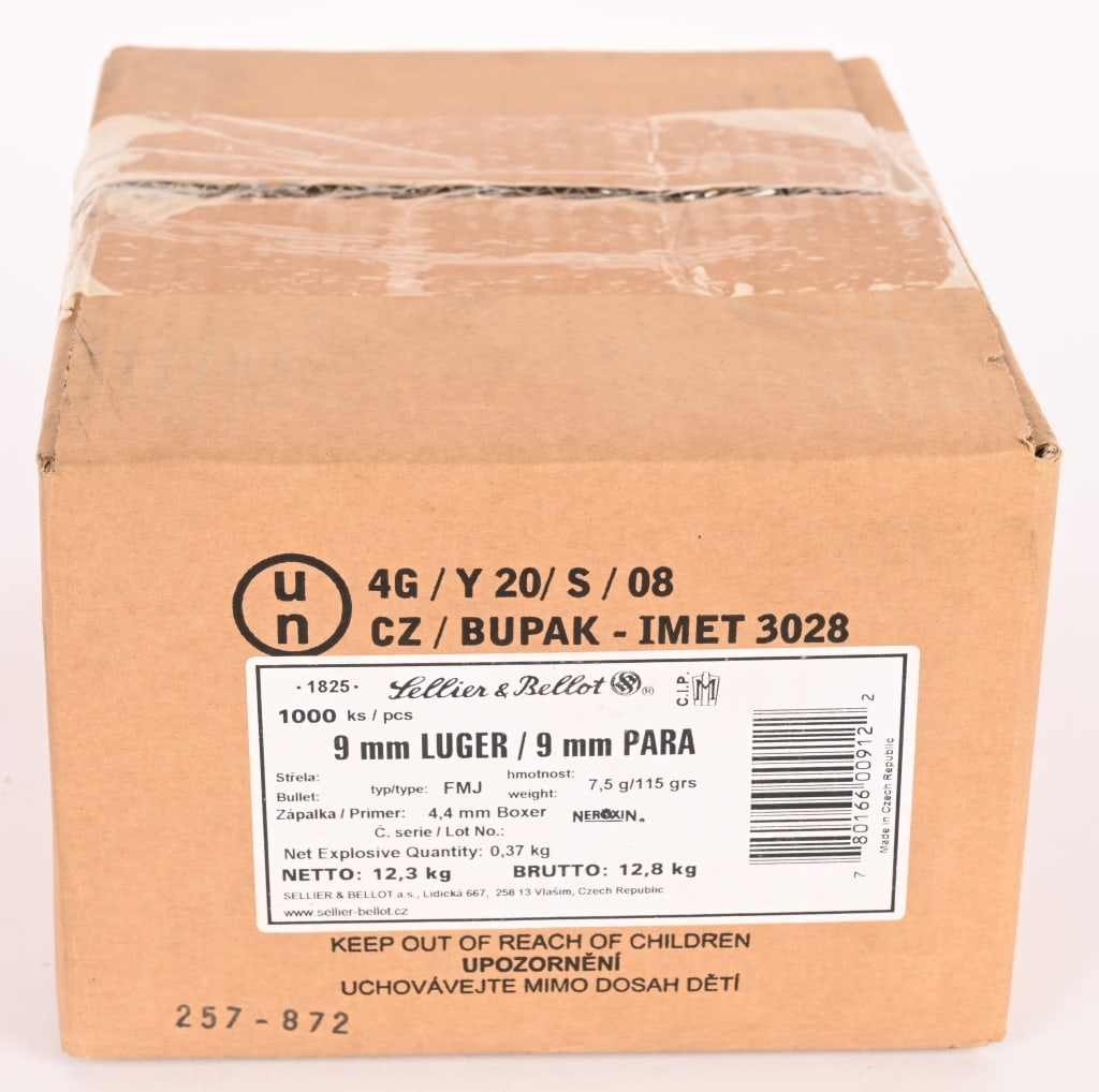 1000 ROUNDS OF SELLIER & BELLOT 9MM LUGER: This is a lot of 1000 rounds of 9mm 115 gr, FMJ non-corrosive ammunition.