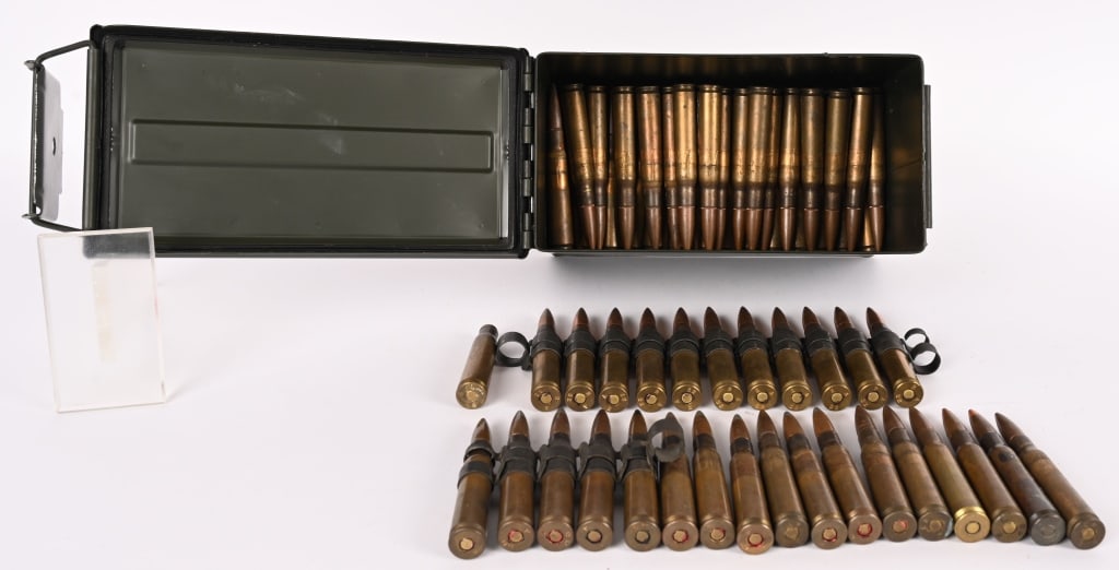 76 ROUNDS OF ASSORTED 50 BMG AMMUNITION: This lot contains 40's and 50's vintage 50 BMG ammunition. 63 rounds Ball 4 round Tracer 7 rounds API 1 round AP 1 round blank