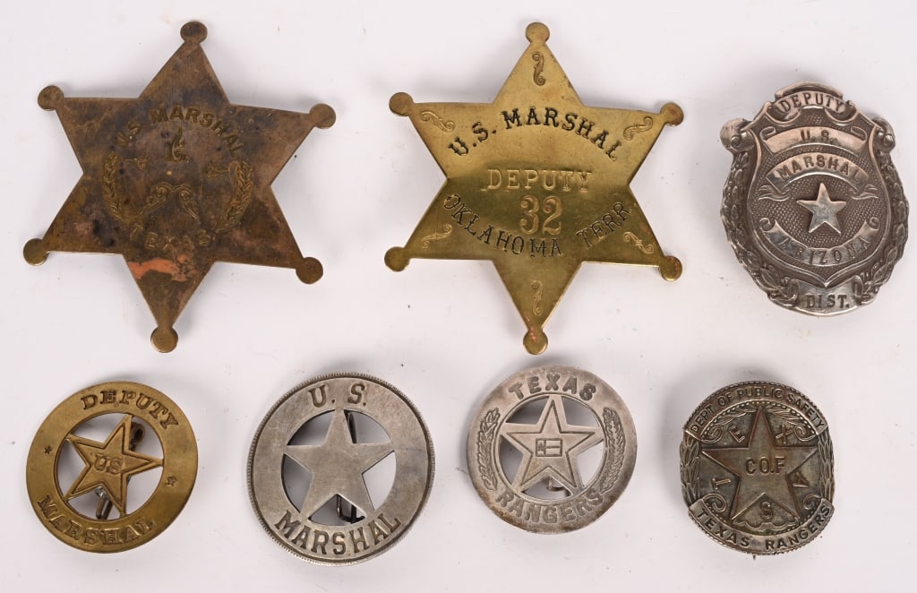 7- MARSHALL & RANGER BADGES: Lot includes: 1. Deputy US Marshall Arizona, 2. Texas Ranger Dept of Public Safety, Co. F, 3. US Marshall with cut out star, 4. Texas Rangers with cut out star, 5. Deputy US Marshall, brass with cut