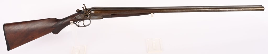 BELGIUM H. PIEPER SIDE BY SIDE 12 GA SHOTGUN: SERIAL NUMBER: 57774 BARREL: 30" 2 3/4" CHAMBER MANUFACTURED: 1910 - 1920 Made in Belgium. Metal is gray patina with lightly engraved receiver with bird scenes. Laminated steel barrels with bead sight