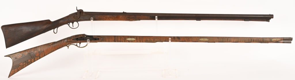 19TH CENTURY PERCUSSION RIFLE & TIGER MAPLE STOCK: Lot includes: 1. 38 1/2" octagon/round barrel, about .70 caliber smooth bore. No markings, engraved lock missing tan screw. Action works properly. The rifle is as found from long time storage and