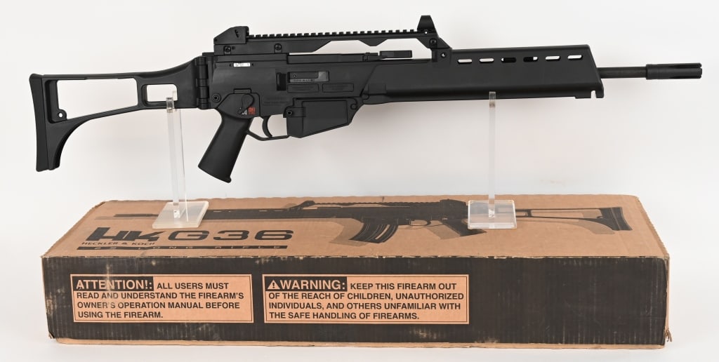 H&K G36 22LR RIFLE W/FOLDING STOCK: SERIAL NUMBER: WL004190. BARREL: 16". CALIBER: 22 LR. The Heckler & Koch G36 chambered in .22 LR is a semi-automatic rifle designed for recreational shooting and training. Featuring a 16.1" barrel