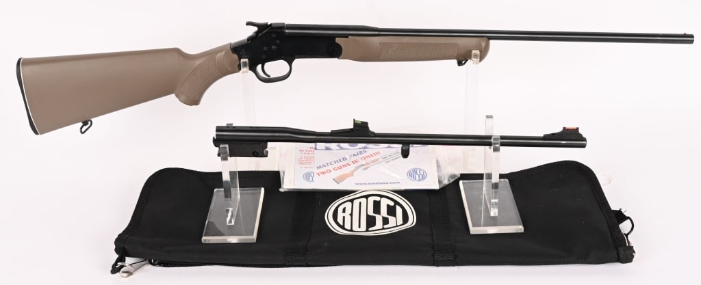 CASED ROSSI TAKE DOWN RIFLE SHOTGUN 2-BARREL SET: SERIAL NUMBER: SR129631 BARREL (A) 22 " (B) 18.5" CALIBER (A) 410, (B) .22 LR. manufactured ROSSI / BRAZILTECH. Great little single shot 410 Ga with interchangeable 22 LR rifle barrel housed in black 