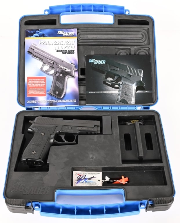 SIG SAUER P228 SEMI AUTOMATIC PISTOL W CASE: SERIAL NUMBER: B340668. BARREL: 3 7/8". CALIBER: 9X19. The SIG Sauer P228 (also known as the M11 in U.S. military service) is a reliable, compact, 9mm double-action/single-action (DA/SA) pistol. It