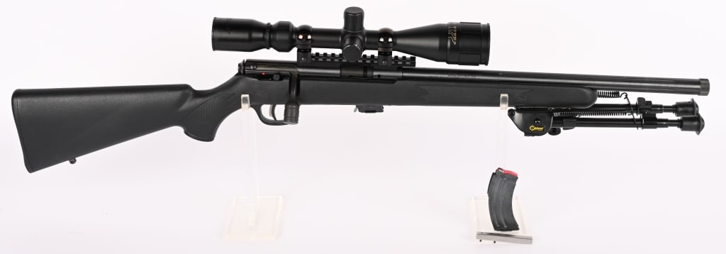 SAVAGE MARK II F 22LR SEMI AUTO RIFLE W/ BOX: SERIAL NUMBER: 1616302. BARREL: 16 3/8". CALIBER: 22LR. This rifle features user-adjustable Accu Trigger™ technology for a crisp, personalized trigger pull. The satin-blued, carbon steel barrel