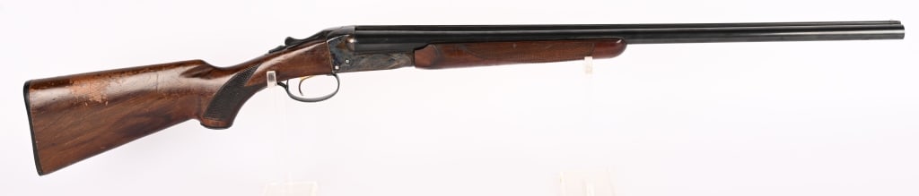 SAVAGE ARMS FOX MODEL B SXS 20 GAUGE SHOTGUN: SERIAL NUMBER: NSN. BARREL: 26". GAUGE: 20 GA. CHOKE: MOD (LEFT), CYL (RIGHT). CHAMBER: 2 3/4". LOP: 13 1/2". This shotgun features blued, grooved ribbed barrel, engraved waterfowl water scene on bott