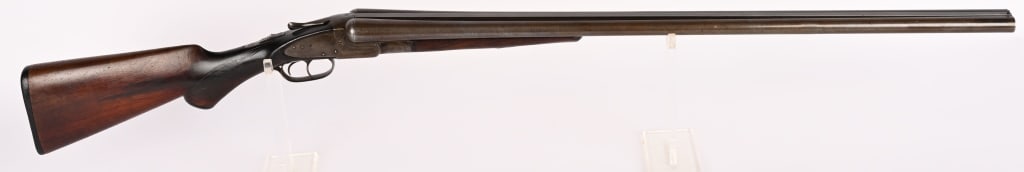 MERIDIAN FIREARMS SXS HAMMERLESS SHOTGUN: SERIAL NUMBER: NSN. BARREL: 32". GAUGE: 12 GA. CHOKE: FULL. CHAMBER: UNKNOWN. LOP: 13 3/4". This SXS gun features handsome damascus solid rib barrels, wood stocks, hard rubber wrist cap and butt plate
