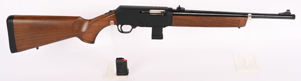 HENRY ARMS HOMESTEADER 9MM SEMI AUTO RIFLE: SERIAL NUMBER: 270016978. BARREL: 16". CALIBER: 9MM. The Henry Arms Homesteader is a 9mm semi-automatic pistol-caliber carbine (PCC) featuring a 16.37-inch threaded barrel (1/2x28), American walnut