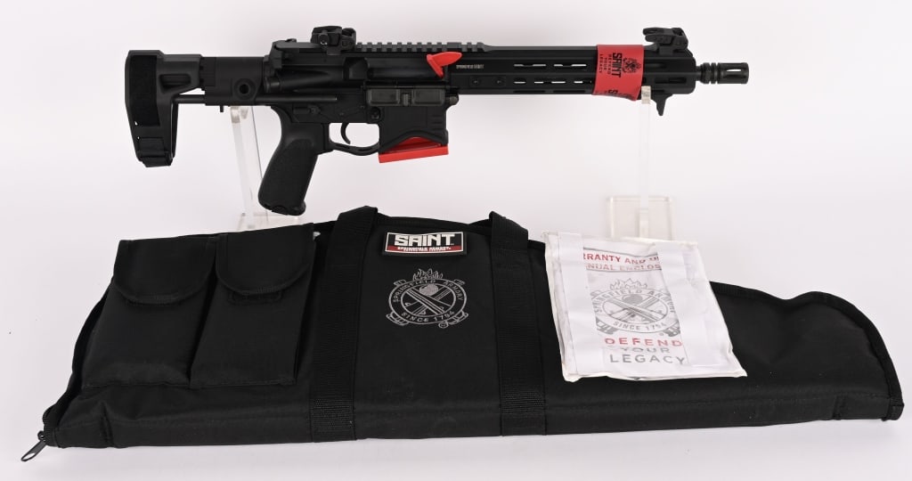 SPRINGFIELD SAINT EDGE PDW AR-15 PISTOL: SERIAL NUMBER: SE56566. BARREL: 6". CALIBER: 5.56X45. this Saint Edge features a lightweight billet machined lower receiver, full length free float handguard with MLOK slots and forward hand stop,