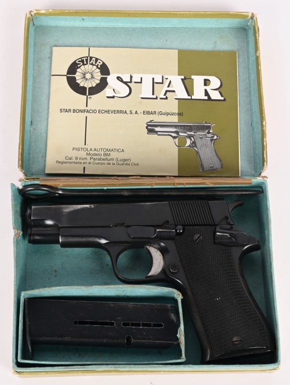STAR BONIFACIO MODEL BM 9MM SEMI AUTO PISTOL: SERIAL NUMBER: SBM104848. BARREL: 3 3/4". CALIBER: 9MM. MANUFACTURED: 1977. Imported by CIA, these pistols were made between 1972 and 1992 by Star Bonifacio Echeverria, S.A. in Spain. They were