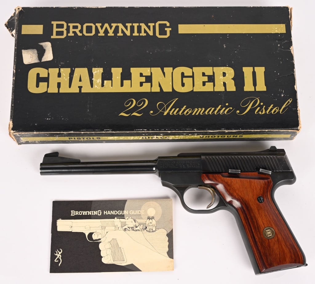 BROWNING CHALLENGER II SEMI AUTO PISTOL NIB: SERIAL NUMBER: 655RP05162. BARREL: 6 3/4". CALIBER: .22 LR. MANUFACTURED: 1978. The Challenger II pistol is a recoil operated, 10-shot pistol with walnut grips and a blued finish. CONDITION: As New. O