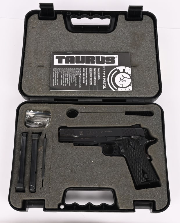 TAURUS PT 1911 SEMI AUTOMATIC PISTOL: SERIAL NUMBER: NAX77587. BARREL: 5". CALIBER: .45 ACP. Made in Brazil, this pistol features a matte black hammer forged frame, steel slide, black polymer checkered grips, 3-dot sight configuration,