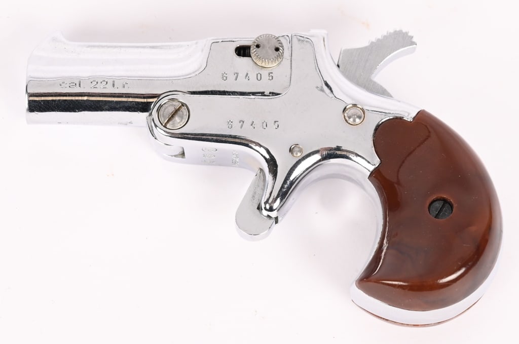GERMAN SINGLE SHOT .22LR DERRINGER: SERIAL NUMBER: 67405. BARREL: 2 1/8". CALIBER: .22 LR. This is a great little gun with high polish finished integral sights, extractor and polymer grips. CONDITION: Excellent. No evidence of firing. T