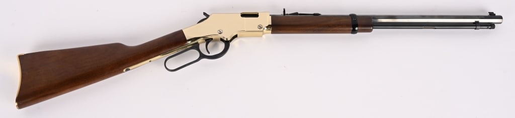 HENRY ARMS H4 GOLDEN BOY RIFLE .22 S/L/LR: SERIAL NUMBER: GB154138. BARREL: 20". CALIBER: .22 S-L-LR. This is a traditional lever action rifle featuring a blued octagonal barrel, American walnut stock, brilliant polished brass receiver and