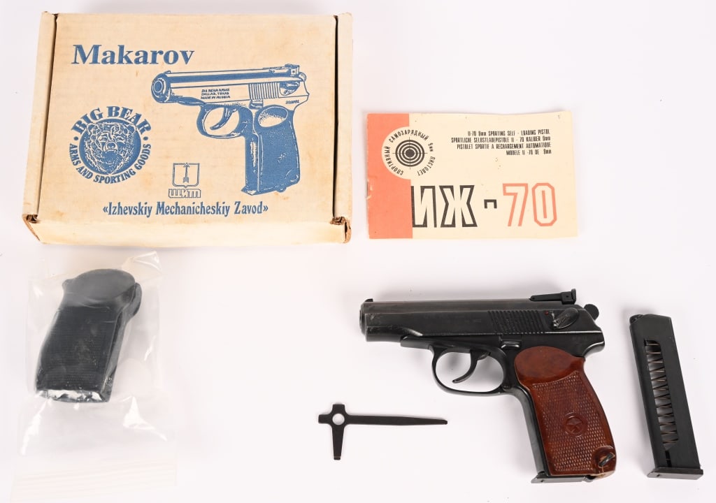 RUSSIAN COMMERCIAL MAKAROV PISTOL IN 9X18: SERIAL NUMBER: AOTO521, BARREL: 33/4". CALIBER: 9X18 MAKAROV. Made by Imez in Russia. Imported by Big Bear Arms, this Makarov features a fixed front sight, adjustable u-notch rear, blued finish,