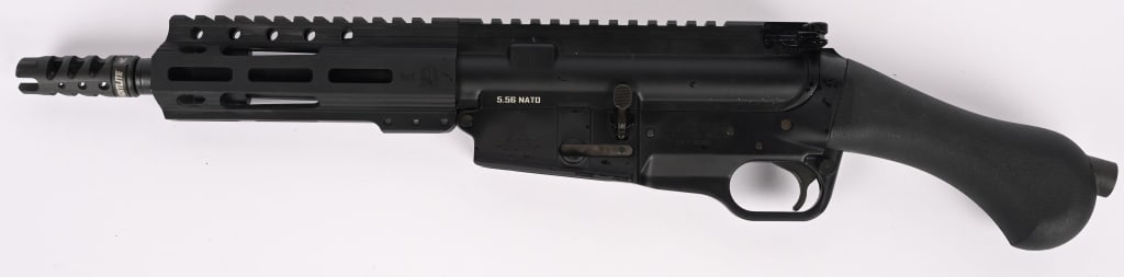 FLIGHTLITE INDUSTRIES SCR 5.56 PISTOL: SERIAL NUMBER: AFL-001681. BARREL: 7 1/2". CALIBER: 5.56X45. The model SCR features nitride barrel, aluminum handguard with MLOK slots, fight light muzzle brake, no forward assist, trigger safety and