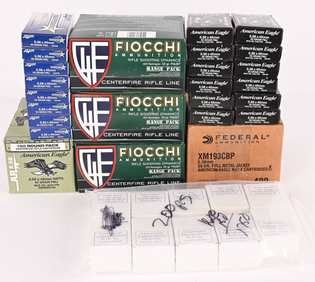 1750 ROUNDS OF .223 REM AND 5.56X45 AMMUNITION: This lot contains 1550 ROUNDS OF AMMUNITION. American Eagle, 5.56x45, 55 gr FMJ American Eagle, 5.56x45, 62 gr FMJ Federal, 5.56x45, 55 gr, FMJ Fiocchi, .223 REM, 55 gr FMJ M193 mil spec, 5.56x45,