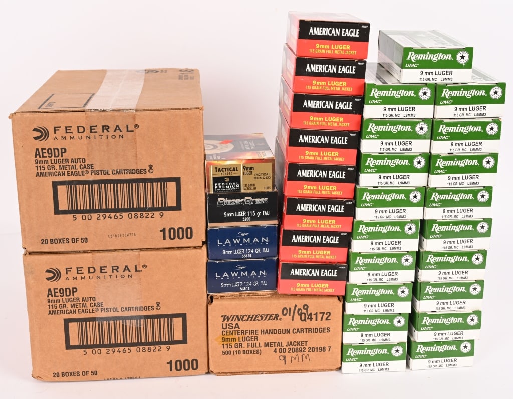 4100 ROUNDS OF 9MM PISTOL AMMUNITION: This lot contains 4100 rounds of 9MM ammunition. UMC, Federal, American Eagle, Blazer, Winchester, 115gr, FMJ Speer / Lawman, 124 gr, FMJ Federal Premium, 135 gr, Tactical HP