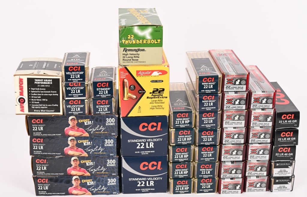 22LR 6775 RDS, CCI, FEDERAL, REMINGTON, WINCHESTER: This lot contains: (500) rounds Aguila, Super Extra, 40gr, RNCP (100) rounds CCI, Singer, 36gr, HPCP (150) rounds Velocitor, 40gr, HPCP (700) rounds CCI, Mini-Mag, 40gr, RNCP (500) CCI, Mini-Mag, 40gr