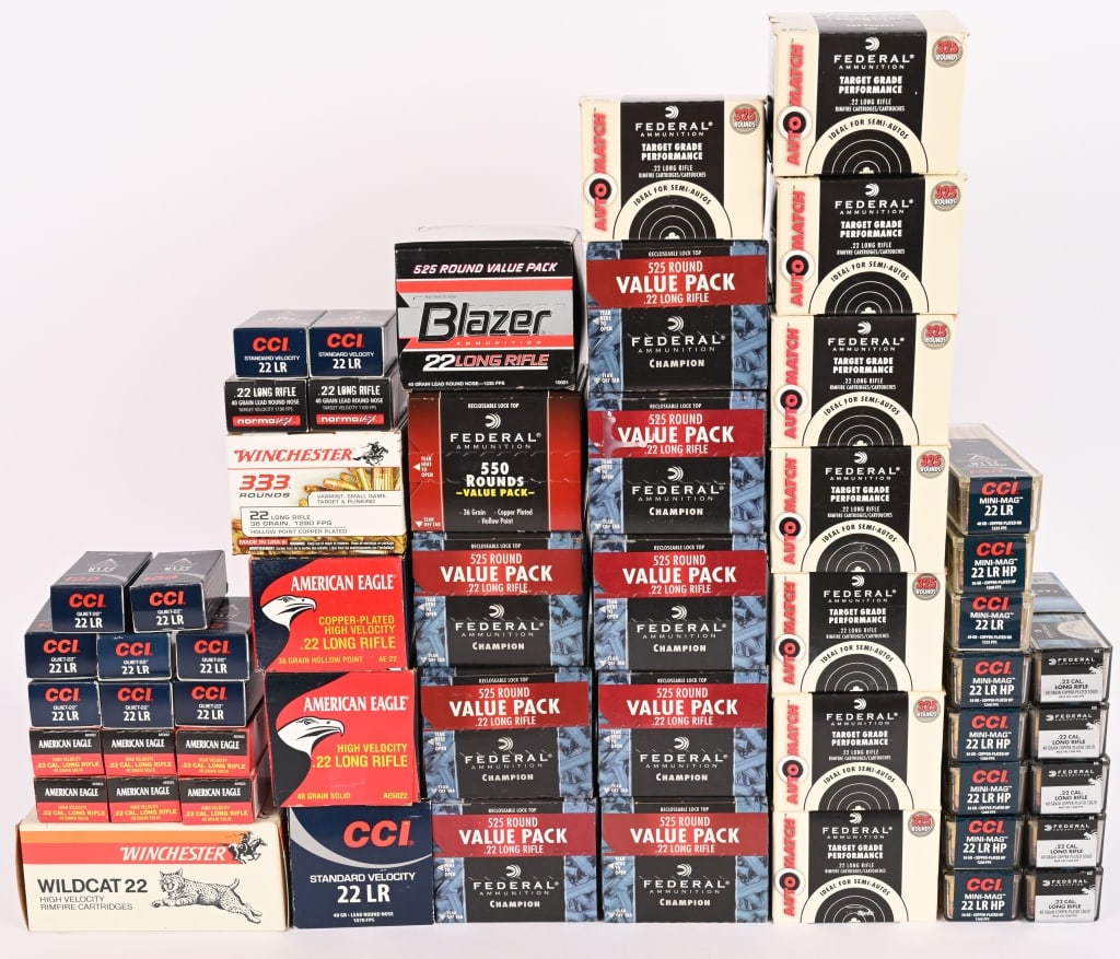 OVER 12000 ROUNDS OF 22LR AMMUNITION: This lot contains 12108 rounds of 22LR ammunition: (4200) rounds Federal, 40gr, HPCP (400) American Eagle, 38gr, HPCP (800) American Eagle, 40gr, RN (600) rounds CCI Standard Velocity, 40gr, RN (800) 