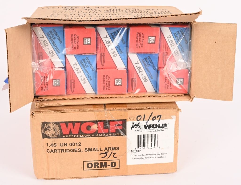 1500 ROUNDS OF 7.62X39 RIFLE AMMUNITION: This lot contains: (1000) rounds Wolf, 122gr, steel case, non corrosive (500) rounds Barnaul, 122 gr, steel case, non corrosive