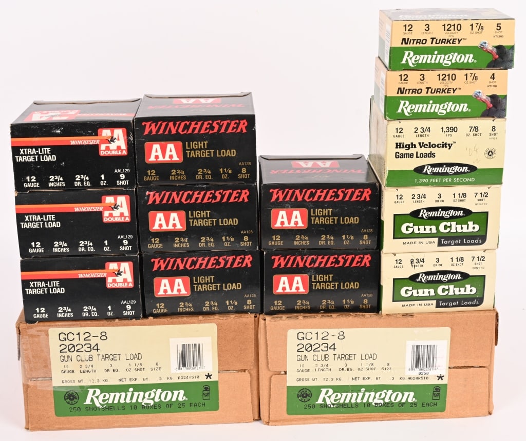 LOT OF 795 ROUNDS OF 12 GAUGE SHOTGUN AMMUNITION: (500) rounds Remington, #8, 1 1/8oz (125) rounds Winchester, #8, 1 1/8oz (75) rounds Winchester AA, #9, 1oz (50) rounds Remington Game club, #7 1/2, 1 1/8oz (25) rounds Remington High Velocity, #8, 7/