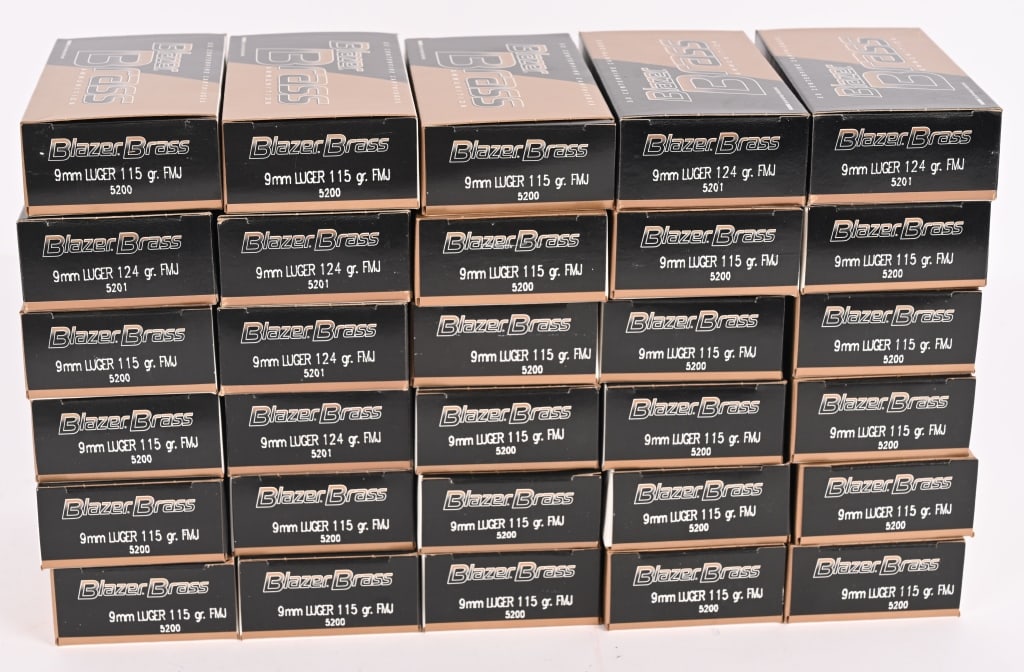 1750 ROUNDS OF BLAZER BRASS 9MM AMMUNITION: This lot contains (30) boxes, 50 rounds each, of Blazer Brass 124gr, FMJ ammunition.