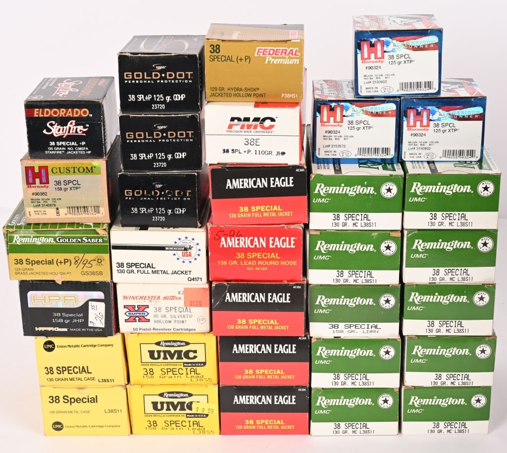 1360 PIECE LOT OF 38 SPECIAL AND 38 +P AMMUNITION: This lot contains (1090) rounds of .38 SPECIAL ammunition from various manufacturers such as UMC, Winchester, Winchester-Western (partial box, 40 pcs), American Eagle, Remington and HPR. (270) rounds 