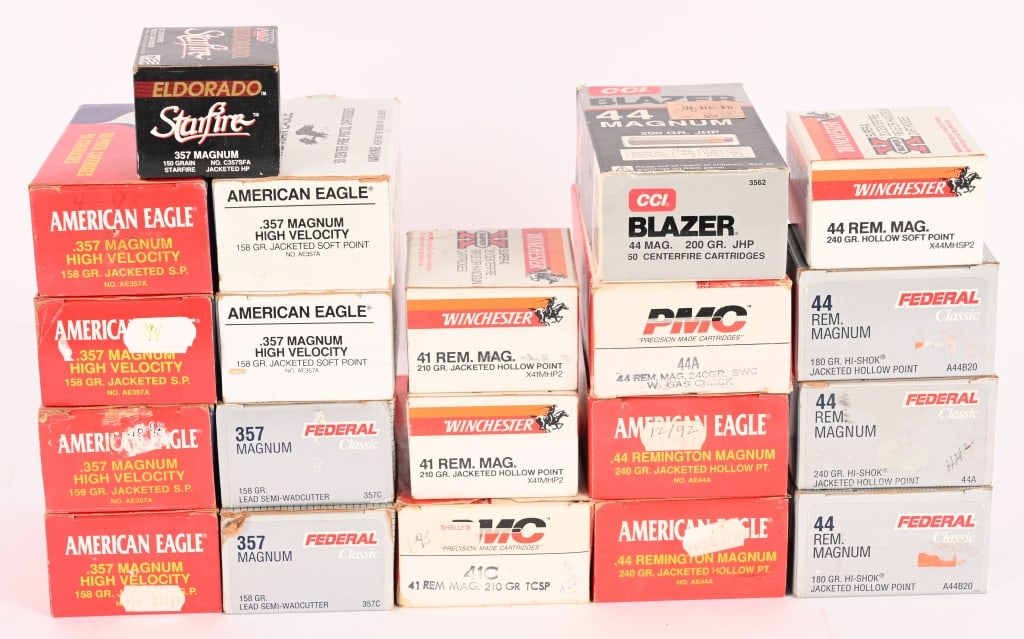 LOT OF BIG MAGNUM AMMUNITION .44, .41 AND .357: This lot contains a total of 790 rounds of BIG MAGNUM AMMO: .44 Remington Magnum (100) American Eagle, 240gr, JHP (50) Blazer, 200gr, JHP (40) Federal, 180gr JHP (20) Federal, 240gr, JHP (50) PMC, 240
