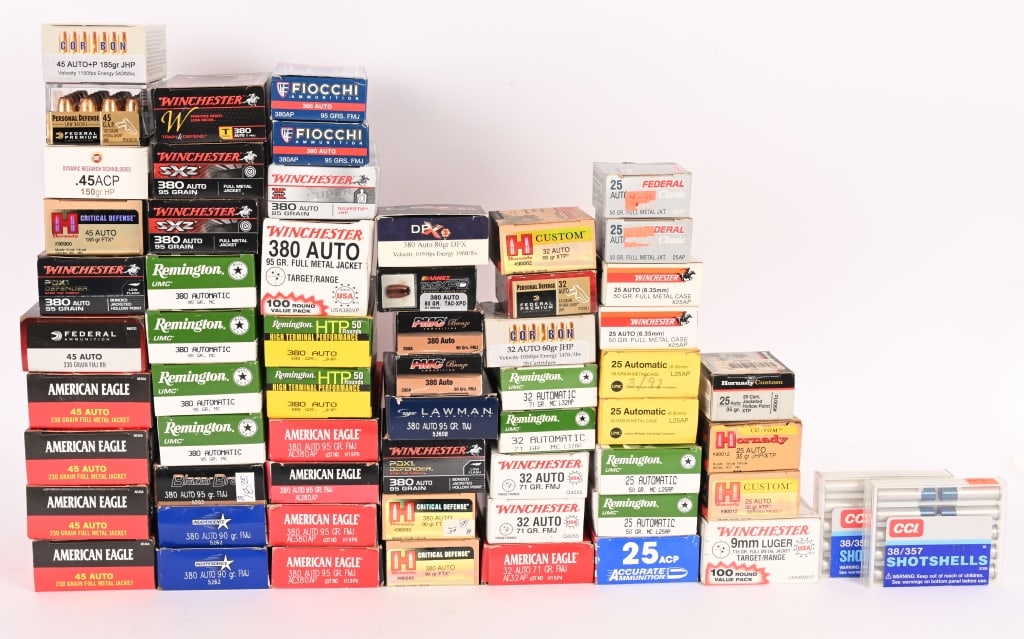 A LOT OF 2515 RNDS OF PISTOL / REVOLVER AMMUNITION: This lot contains: (330) rounds of .45 ACP from American Eagle, Core-bon, Hornady, Federal and DRT. (100) rounds of 9MM from Winchester (1330) rounds of .380 Auto from American Eagle, Barnes, Blazer B