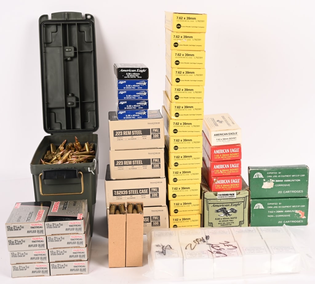 2080 RND LOT OF .223, 5.56, SLUG AND 7.62 AMMO: (800) rounds of .223 REM by various manufacturers such as Federal (200) rounds of M193, 55gr, FMJ, in a sealed package (250) rounds of American Eagle and AR15 5.56x45, 55gr, FMJ (150) rounds of Americ