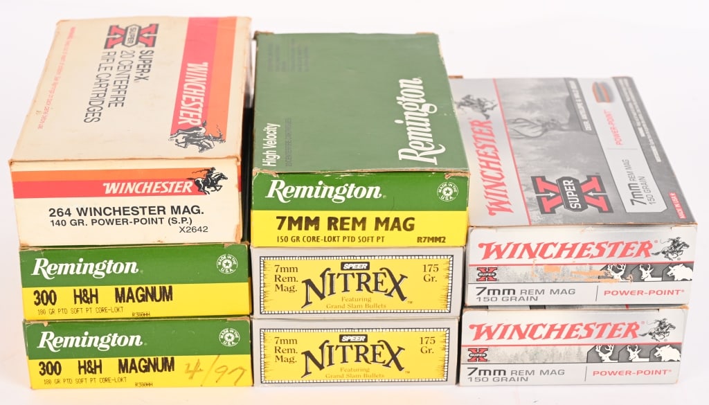 A LOT OF BIG GAME CARTRIDGES: This lot contains: 7mm RIFLE (20) rounds Remington, 150 gr, Core-Lokt PTD SP (40) rounds of Speer Nitrex, 175gr, Grand Slam (40) rounds Winchester, 150gr, Power-Point 300 H&H MAGNUM (40) rounds Reming