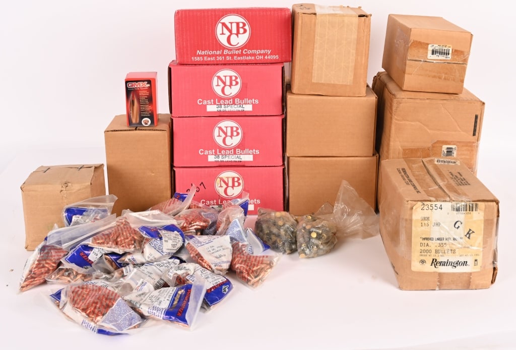LOT OF RELOADING STUFF-PROJ-BRASS: The lot contains: (1000) .38 Special cast lead bullets (3000) .223 Winchester 55gr FMJBT bullets (2500) 9mm (.355 dia) 115gr bullets (500) 45 ACP bullets (50) Hornady 6.5mm 120gr GMX bullets (1000) Re