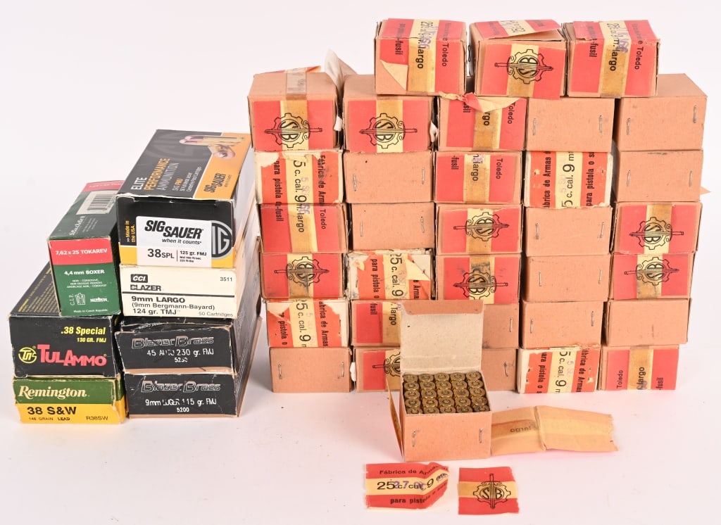 OVER 1200 ROUNDS OF 9MM LARGO AND OTHER CALS: (850) rounds of 9mm (9x23mm) Fabrica de Armas de Toledo, FMJ (corrosive) (50) rounds of CCI / Blazer, 9mm LARGO (9x23mm), 124gr, TMJ (95) rounds of .38 special from SIG and Tula (50) rounds of Remingt