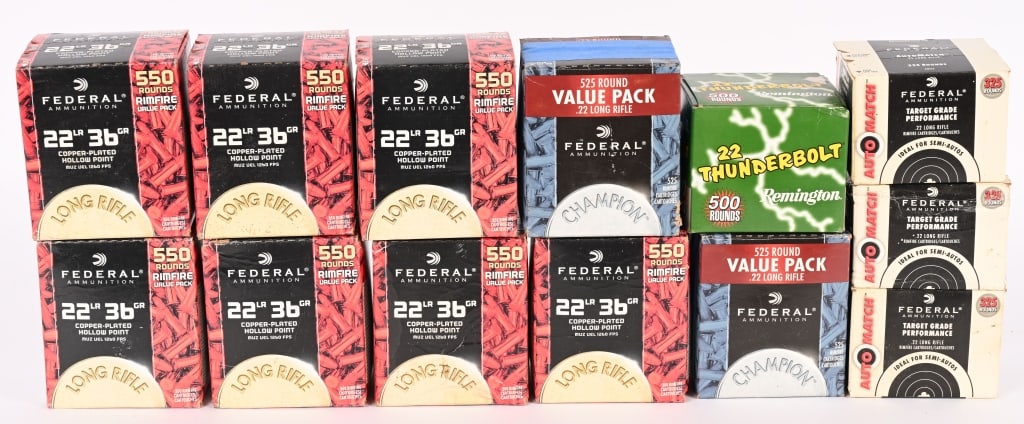 6375 ROUNDS OF .22LR RIFLE AMMUNITION: (4900) rounds of Federal, 36gr, HPCP (975) rounds of Federal Auto Match, 40gr, RN (500) rounds of Remington, 40gr, RN