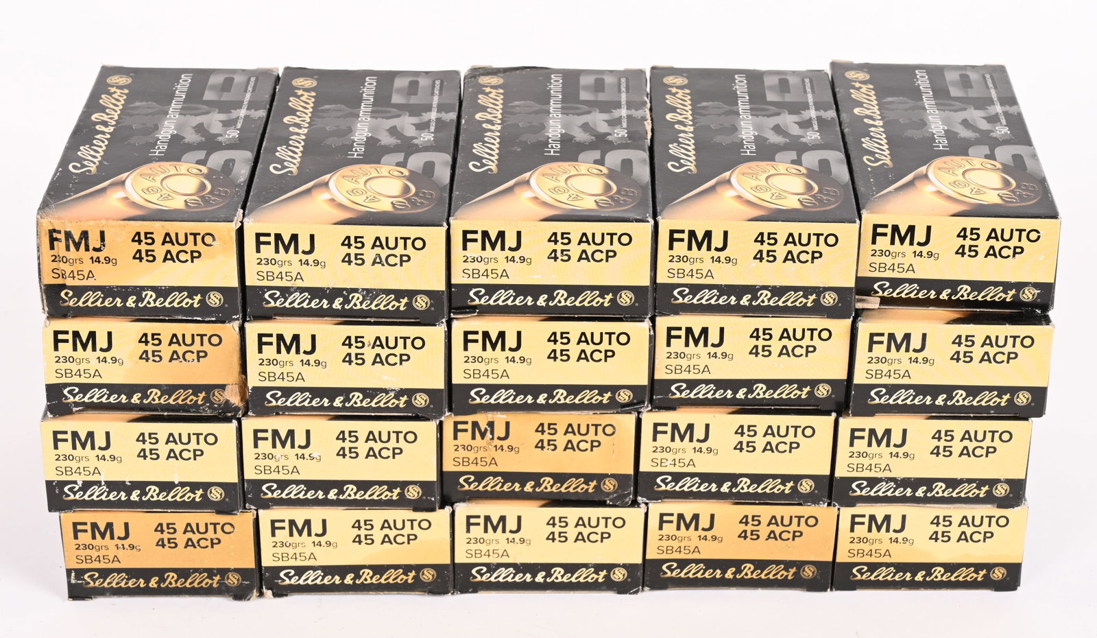 LOT OF 1000 ROUNDS OF BOXED 45 ACP AMMUNITION: This lot contains 1000 rounds of Sellier & Bellot 45 ACP 230gr FMJ ammunition.