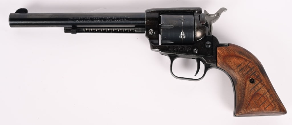 HERITAGE ROUGH RIDER .22 CAL SA REVOLVER: SERIAL NUMBER: B58656. BARREL: 6 1/2". CALIBER: .22 LR. Heritage Rough Rider .22 is a popular, affordable, American-made, single-action rimfire revolver inspired by Old West revolvers, known for its