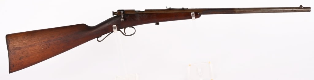 SAVAGE MODEL 1904 BOYS .22 BOLT RIFLE: SERIAL NUMBER: NSN. BARREL: 18". CALIBER: .22 S-L-LR. MANUFACTURED: 1904-1931. The model 1904 features a smooth round barrel with fixed front and U-notch rear sights and walnut stock. CONDITION: Good