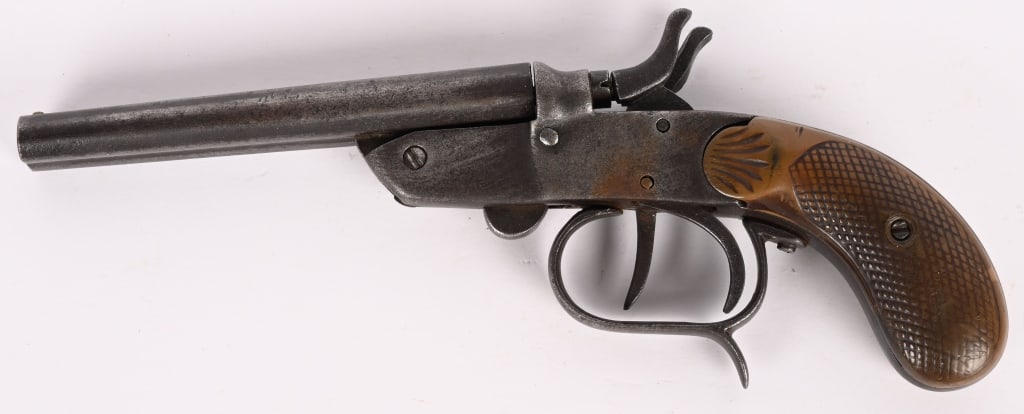 ROSSI GARRUCHA SIDE BY SIDE DERRINGER: SERIAL NUMBER: NSN. BARREL: 4 1/2". CALIBER: .320 EUROPEAN/.320 BULLDOG. This pistol features a tip open action with extractors, dual triggers, exposed hammers and hard rubber grip panels. CONDITION: