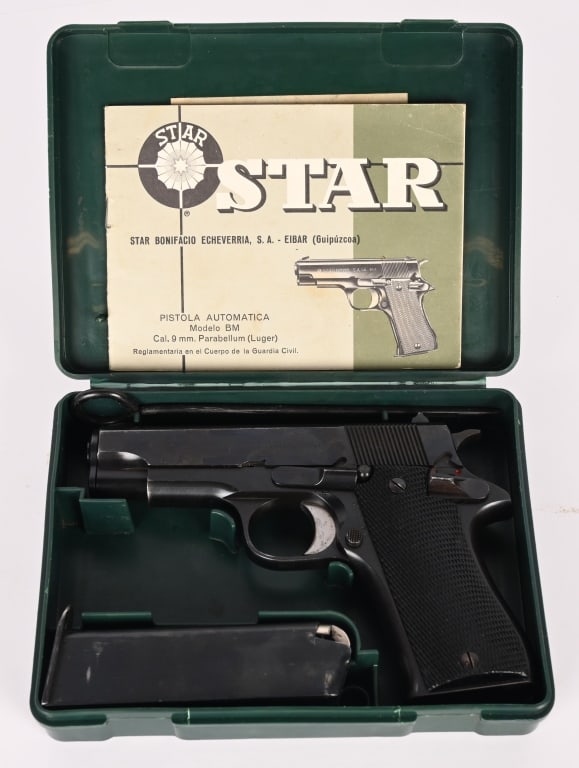 STAR BONIFACIO MODEL BM 9MM SEMI AUTO PISTOL: SERIAL NUMBER: SBM225290. BARREL: 3 3/4". CALIBER: 9MM. MANUFACTURED: 1977. Imported by CIA, these pistols were made between 1972 and 1992 by Star Bonifacio Echeverria, S.A. in Spain. They were issued