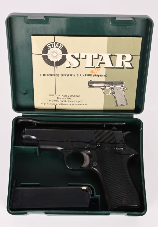 STAR BONIFACIO MODEL BM 9MM SEMI AUTO PISTOL: SERIAL NUMBER: SBM231731. BARREL: 3 3/4". CALIBER: 9MM. MANUFACTURED: 1977. Imported by CIA, these pistols were made between 1972 and 1992 by Star Bonifacio Echeverria, S.A. in Spain. They were