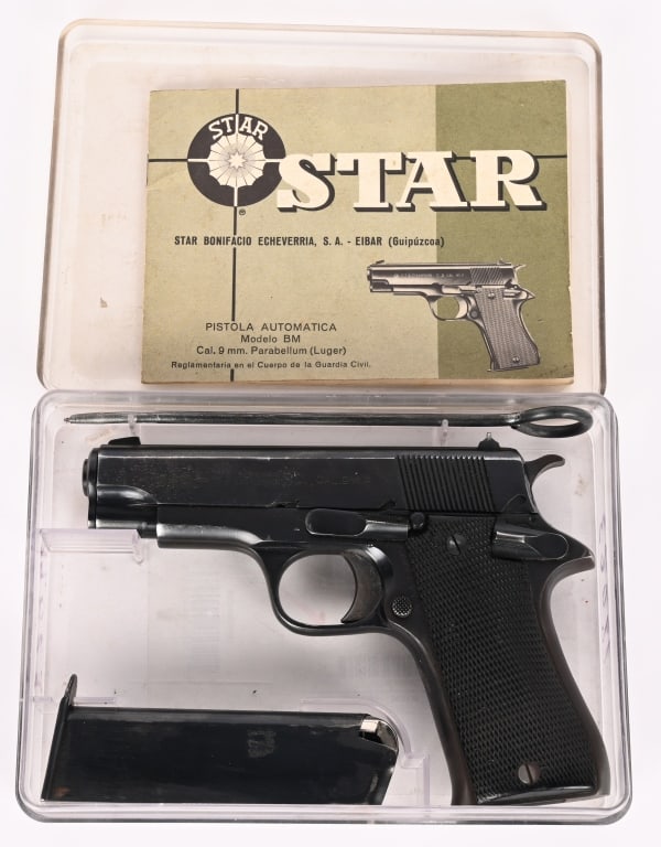 STAR BONIFACIO MODEL BM 9MM SEMI AUTO PISTOL: SERIAL NUMBER: SBM222307. BARREL: 3 3/4". CALIBER: 9MM. MANUFACTURED: 1977. Imported by CIA, these pistols were made between 1972 and 1992 by Star Bonifacio Echeverria, S.A. in Spain. They were